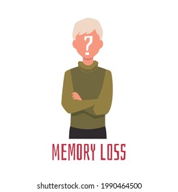 Memory loss syndrome in elderly age banner, flat vector illustration isolated on white background. Aging problems and neurological disease medical banner.
