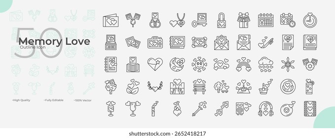 Memory Love Line Editierbare Symbole. Vektorgrafik im modernen dünnen Linienstil von Memory Love Symbolen: Erinnerung, Liebe, schön, etc