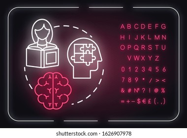 Memory neon light concept icon. Receiving and storing information. Brain informational processing idea. Outer glowing sign with alphabet, numbers and symbols. Vector isolated RGB color illustration