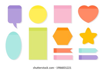 Memory notes planning sticker set. Template empty colored paper for notepad or task list. Different shapes as speech bubble, heart, round, star, square. Kit memo blank reminders. Vector illustration