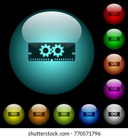 Memory optimization icons in color illuminated spherical glass buttons on black background. Can be used to black or dark templates