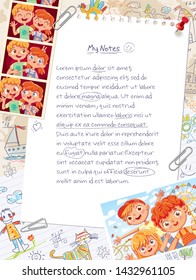 Memory page from a children's diary with attached photos, handwritten notes and freehand drawings. Page layout template for your design. Template for advertising brochure. Ready for your message