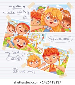 Memory page from a children's diary with pasted photos, handwritten notes and kids drawings. Photos in Album randomly scattered. Page layout template for your design. Advertising poster