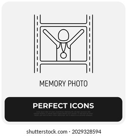 Memory photo from marathon. Runner with hands raised and gold medal. Thin line icon. Modern vector illustration.