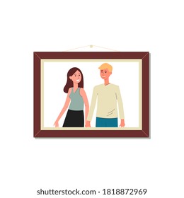 Memory photo shooting of young couple, man and woman cartoon characters, flat vector illustration isolated on white background. Stages and generations of family concept.