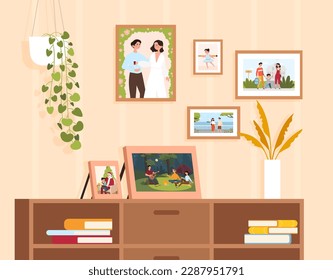 Memory photography concept. Closet with family photos, travel and adventure. Wedding, parents take child to school. Night picnic and camping, summer vacation. Cartoon flat vector illustration