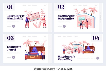 Memory, Photography, Trip Website Landing Page Set, Young People After Vacation Watching Photo Album, Take Out Clothes and Souvenirs from Suitcase, Web Page. Cartoon Flat Vector Illustration, Banner