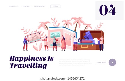 Memory, Photography, Trip Website Landing Page, Young People After Vacation Watching Photo Album, Take Out Clothes and Souvenirs from Suitcase, Web Page. Cartoon Flat Vector Illustration, Banner