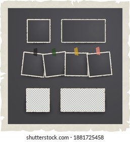 Memory photos composition. Retro nostalgic empty black film snapshot collage. vintage photo frames glued with color adgesive tape sticker set . Ripped torn square paper edge. Old-fashioned style