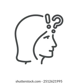 Icono de problemas de memoria. Ilustración de línea simple de una cabeza femenina con signos de exclamación y de interrogación, que representan problemas cognitivos y olvido.