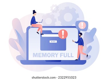 Memory space full notification. Folder full on laptop. Cleaning mobile phone or computer memory or storage. Modern flat cartoon style. Vector illustration on white background