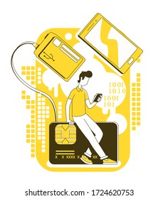 Memory stick recovery thin line concept vector illustration. User with smartphone and smart card 2D cartoon character for web design. Mobile technology creative idea. Portable data storage devices