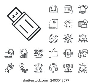 Signo de Memory Stick. Coloque los iconos de la ubicación, la tecnología y el contorno del altavoz inteligente. Icono de la línea de la unidad flash USB. Símbolo de almacenamiento de datos portátil. Signo de línea flash USB. Influenciador, icono del embajador de la marca. Vector