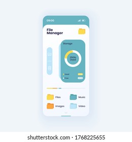 Memory storage info smartphone interface vector template. File manager app page light design layout. Device space capacity screen. Flat UI for application. Memory usage statistics on phone display