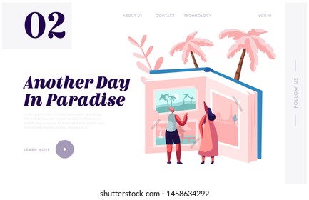 Memory of Trip Experience, Journey Website Landing Page, Tiny Women Characters Looking Traveling Pictures in Huge Photo Album, Summer Time Vacation Web Page. Cartoon Flat Vector Illustration, Banner