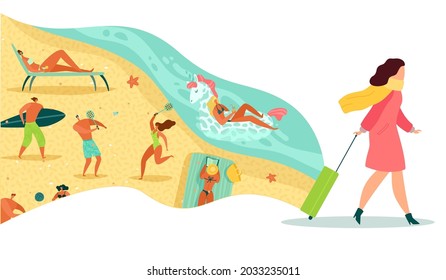 Memory Of Vacation. Happy Woman With Luggage, People On Beach Swimming And Play Summer Games, Tourists Travelling Tropical Resort, Holiday Nostalgia Vector Cartoon Isolated Concept