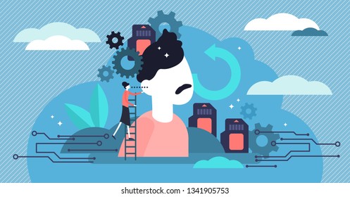 Memory vector illustration. Flat tiny symbolic brain growth persons concept. Intelligence education, abstract mental knowledge memo cards. Using information encoded, stored, and retrieved when needed.