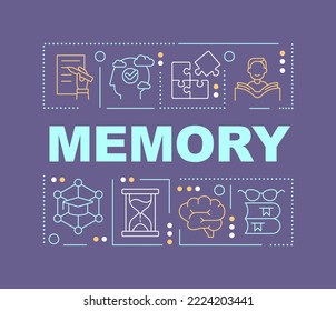 Memory word concepts violet banner. Memorizing things. Learning process. Infographics with editable icons on color background. Isolated typography. Vector illustration with text. Arial-Black font used