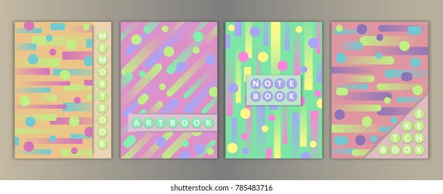 Memorybook, sketchbook, notebook, artbook covers with geometric elements set. A4 background for notebooks, children greeting cards, business presentation, mock ups and templates with text place.