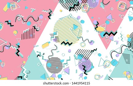 Memphis. 90s pattern. Geometric shapes background. Vector Illustration. Hipster style 80s-90s. Abstract colorful funky background.