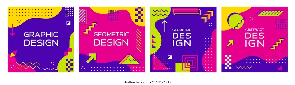 Memphis abstract geometric banners. Modern square templates, feature vibrant colors, simple shapes and bold patterns in retro-modern style of 1980s design movement. Vector playful cards or media posts