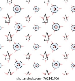 Memphis abstract geometric seamless pattern with star circle and triangle stars. Hipster vintage 80s-90s pop art style funky banner design. Vector graphic black line on white background.