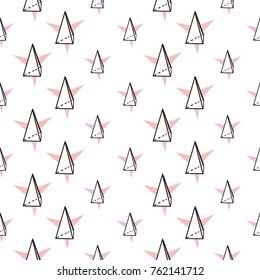 Memphis abstract geometric seamless pattern with triangle stars elements. Hipster vintage 80s-90s pop art style funky banner design. Vector graphic black line on white background.