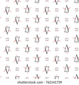 Memphis abstract geometric seamless pattern with triangle star and cube elements. Hipster vintage 80s-90s pop art style funky banner design. Vector graphic black line on white background.