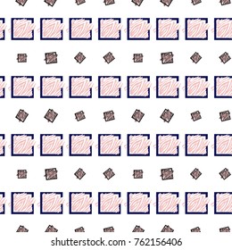 Memphis abstract geometric seamless pattern with black, white and pink animal striped squares. Hipster vintage 80s-90s pop art style funky banner design. Vector graphic black line on white background.