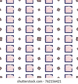 Memphis abstract geometric seamless pattern with black, white and pink animal striped squares. Hipster vintage 80s-90s pop art style funky banner design. Vector graphic black line on white background.