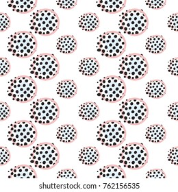 Memphis abstract geometric seamless pattern with pink blue polka dot circles. Hipster vintage 80s-90s pop art style funky banner design. Vector graphic black line on white background.