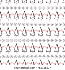 Memphis abstract geometric seamless pattern with star circle and triangle stars. Hipster vintage 80s-90s pop art style funky banner design. Vector graphic black line on white background.
