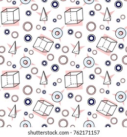 Memphis abstract geometric seamless pattern with blue pink triangles, cubes, stars, circles, stars. Hipster vintage 80s-90s pop art style banner design. Vector graphic black line on white background.