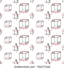 Memphis abstract geometric seamless pattern with triangle star and cube elements. Hipster vintage 80s-90s pop art style funky banner design. Vector graphic black line on white background.