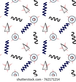 Memphis abstract geometric seamless pattern with stars, circles, triangles, zig-zag and wave lines. Hipster vintage 80s-90s pop art style banner design. Vector graphic black line on white background.
