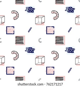Memphis abstract geometric seamless pattern with animal striped square, abstract rain, zig-zag line, wave line, cube, pink blue confetti elements. Vector graphic black line on white background.