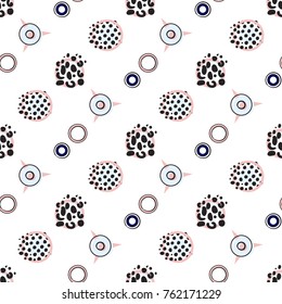 Memphis abstract geometric seamless pattern with pink blue polka dots, animal print circles, stars. Hipster vintage 80s-90s pop art style banner design. Vector graphic black line on white background.
