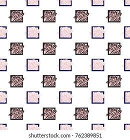 Memphis abstract geometric seamless pattern with black, white and pink animal striped squares. Hipster vintage 80s-90s pop art style funky banner design. Vector graphic black line on white background.