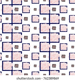 Memphis abstract geometric seamless pattern with black, white and pink animal striped squares. Hipster vintage 80s-90s pop art style funky banner design. Vector graphic black line on white background.