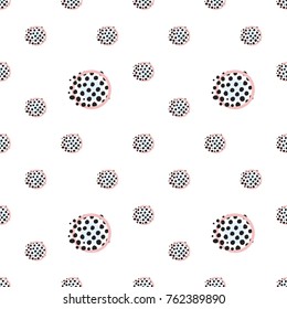 Memphis abstract geometric seamless pattern with pink blue polka dot circles. Hipster vintage 80s-90s pop art style funky banner design. Vector graphic black line on white background.