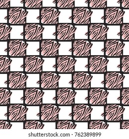 Memphis abstract geometric seamless pattern with black and pink animal striped square elements. Hipster vintage 80s-90s pop art style funky banner design. Vector graphic black line on white background