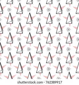 Memphis abstract geometric seamless pattern with star circle and triangle stars. Hipster vintage 80s-90s pop art style funky banner design. Vector graphic black line on white background.