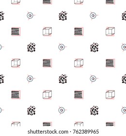 Memphis abstract geometric seamless pattern with animal print circles, striped frames, stars, cubes. Hipster vintage 80s-90s pop art style banner design. Vector graphic black line on white background.