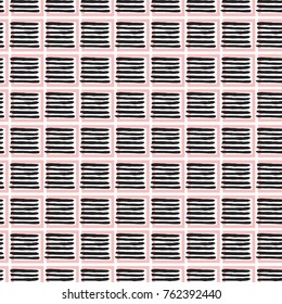 Memphis abstract geometric seamless pattern with striped square frame elements. Hipster vintage 80s-90s pop art style funky banner design. Vector graphic black line on white background.