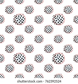 Memphis abstract geometric seamless pattern with pink blue polka dot circles. Hipster vintage 80s-90s pop art style funky banner design. Vector graphic black line on white background.