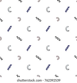 Memphis abstract geometric seamless pattern with zig-zag, wave lines, pink blue confetti elements. Hipster vintage 80s-90s pop art style banner design. Vector graphic black line on white background.