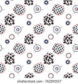 Memphis abstract geometric seamless pattern with pink blue polka dots, animal print circles, stars. Hipster vintage 80s-90s pop art style banner design. Vector graphic black line on white background.