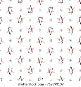 Memphis abstract geometric seamless pattern with star circle and triangle stars. Hipster vintage 80s-90s pop art style funky banner design. Vector graphic black line on white background.