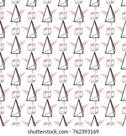 Memphis abstract geometric seamless pattern with triangle star and cube elements. Hipster vintage 80s-90s pop art style funky banner design. Vector graphic black line on white background.