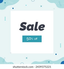 Memphis Abstract Geometric Style 50% De Descuento En Venta. Banner azul, flyer, descuento de marketing, oferta especial. Vector eps 10.	
